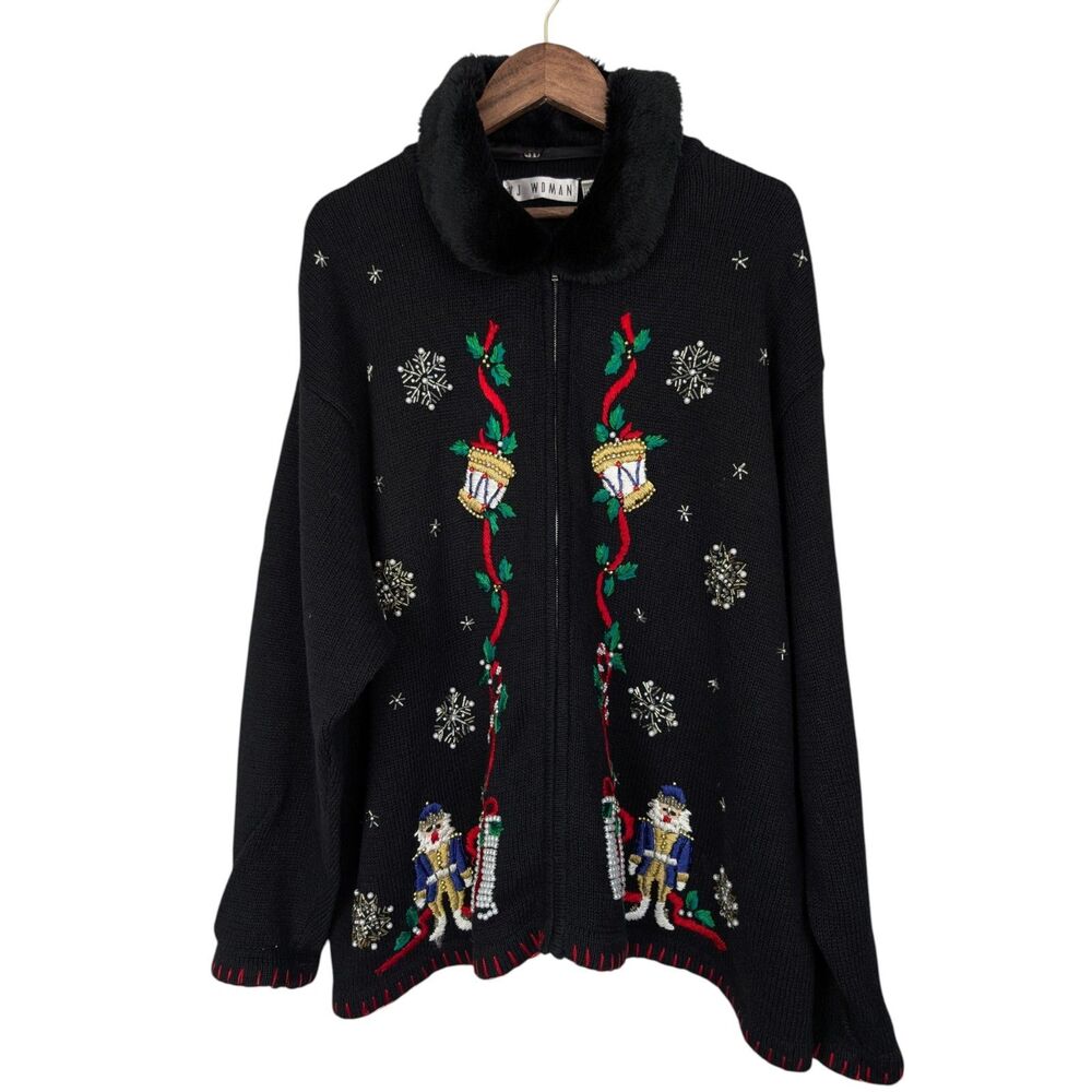 VJ Woman Black Christmas Nutcracker Drum Snowflakes Fur Collar Zip Sweater 2X
